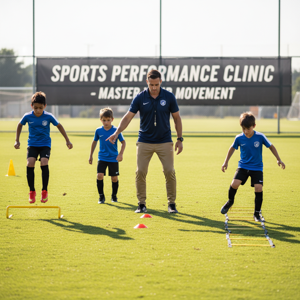 Young soccer players practicing on field with proper form