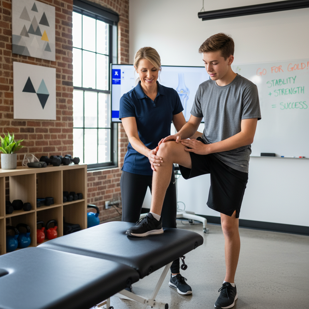Physical therapist examining young athlete's knee