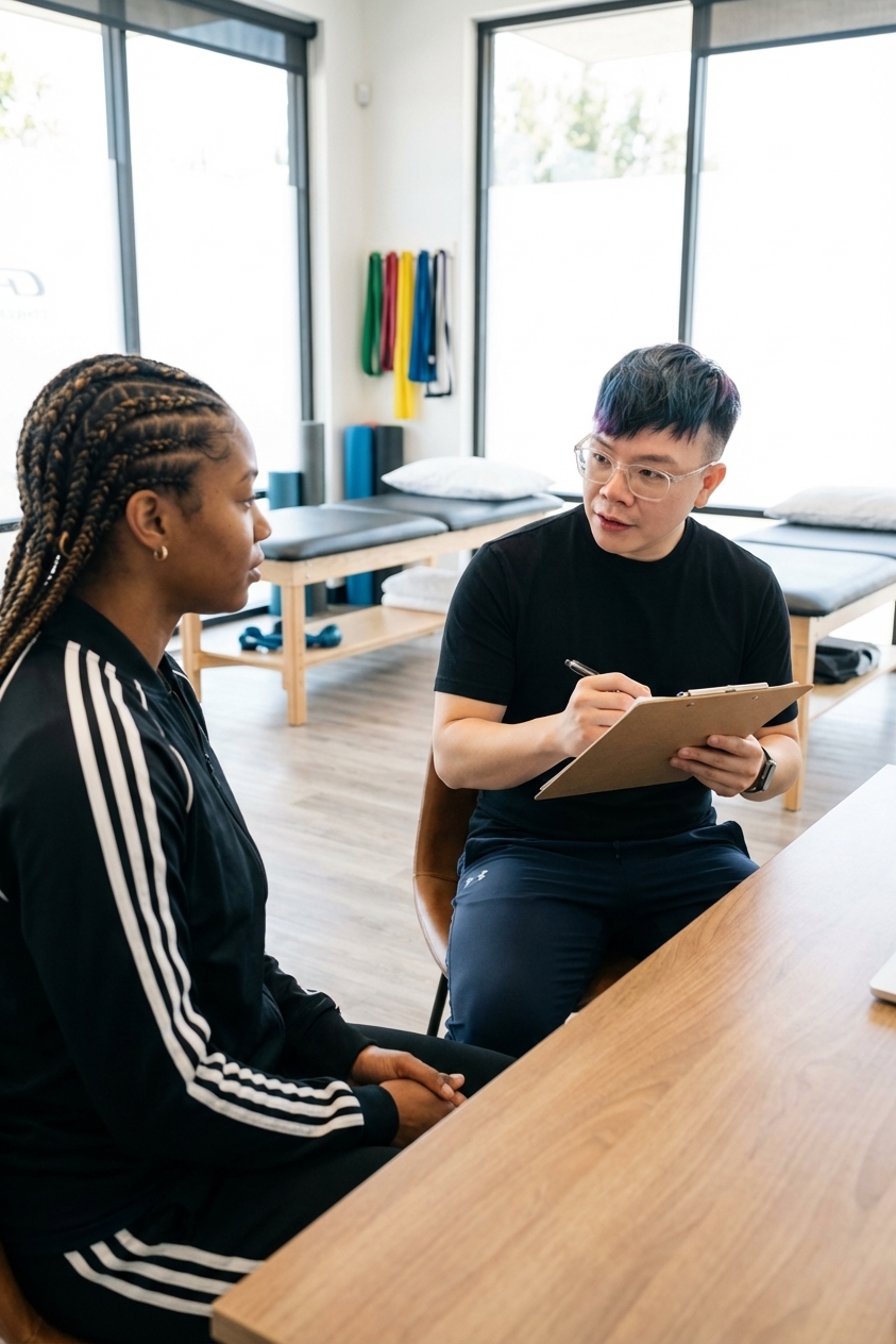 Patient working with a provider at a performance physical therapy clinic in Hudson during an initial evaluation consultation