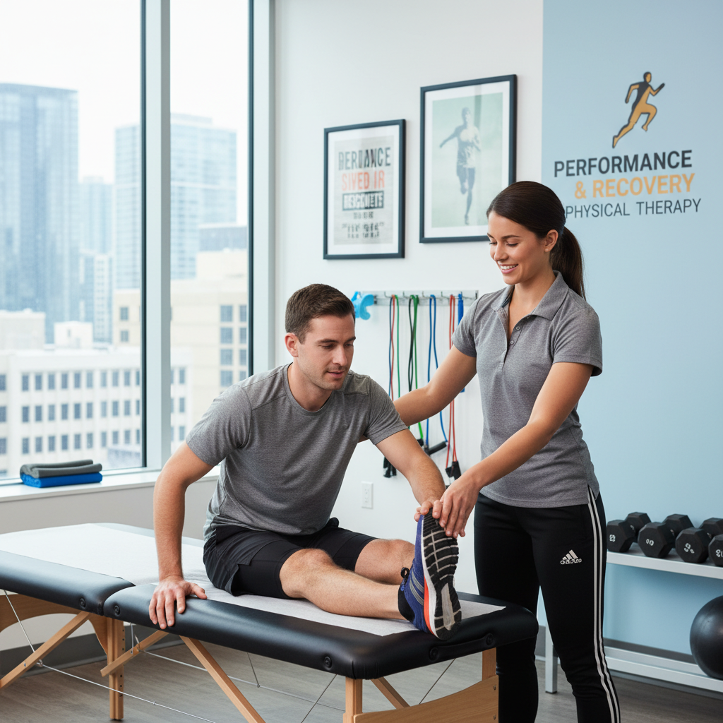 Physical therapist demonstrating gentle stretching techniques for marathon runners