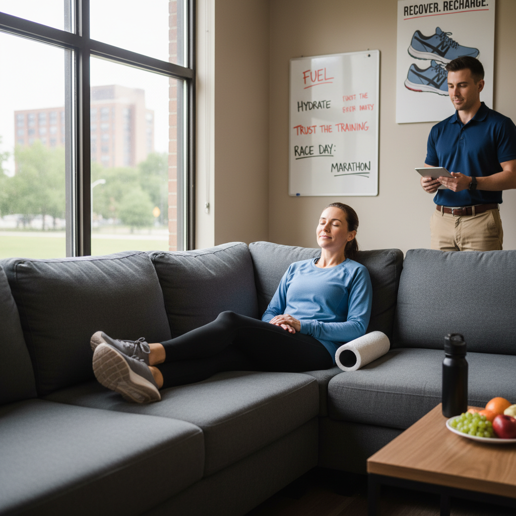Runner resting and recovering in preparation for marathon race day
